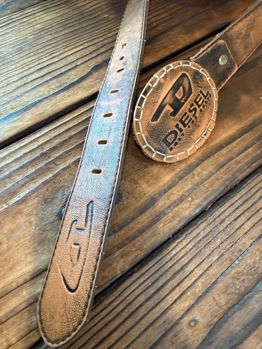 Vintage Diesel Tan Brown Leather Logo Distressed Style Belt Made in Italy